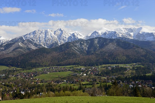View of Zakopane and snowy mountains of the High Tatras