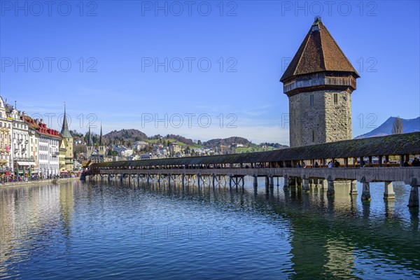 Panoramic view over the river Reuss to the Chapel Bridge and Water Tower