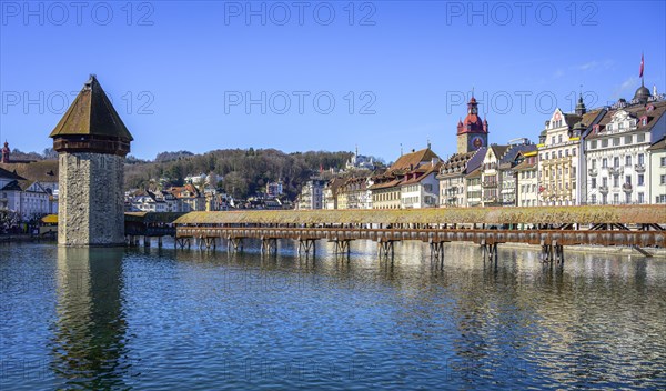 Panoramic view over the river Reuss to the Chapel Bridge and Water Tower