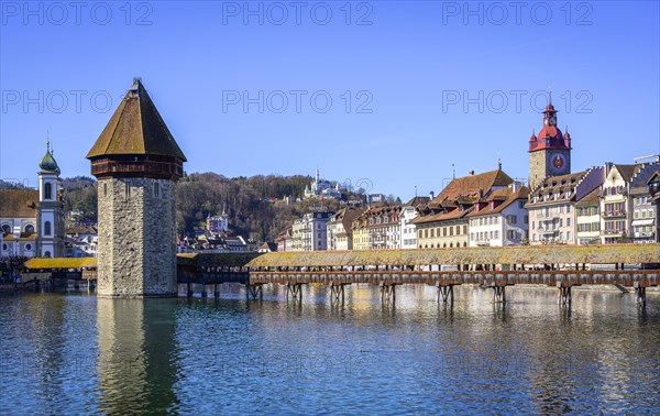 Panoramic view over the river Reuss to the Chapel Bridge and Water Tower