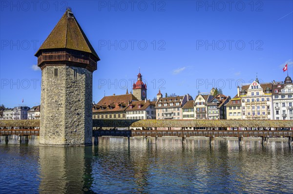 Panoramic view over the river Reuss to the Chapel Bridge and Water Tower