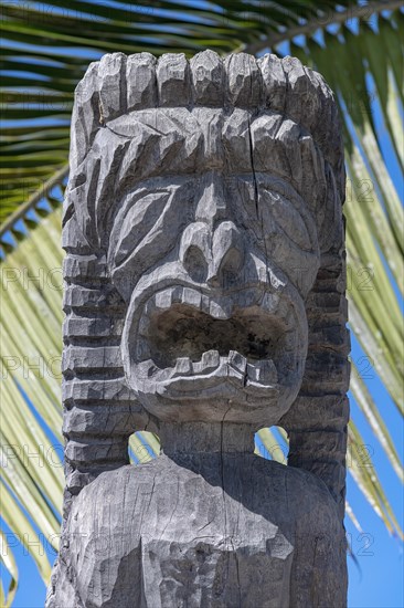 Guardian figure Tiki in front of palm leaf