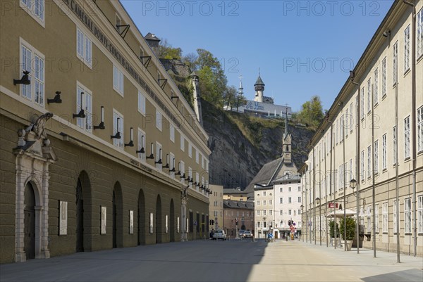 Vacant places due to the coronavirus pandemic, Hofstallgasse with the large festival theatre and the St. Blasius hospital church