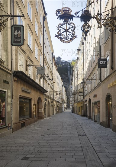 Vacant places due to the coronavirus pandemic, Getreidegasse with Buergerspitalskirche