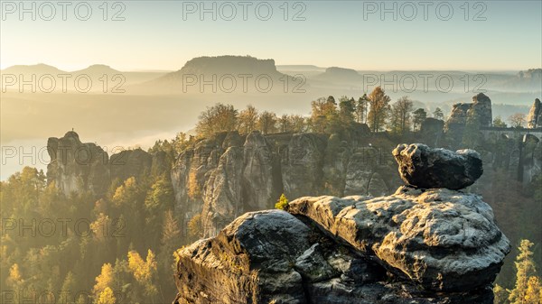 Wehlnadel view with Bastei Bridge and Lilienstein, Elbe Sandstone Mountains