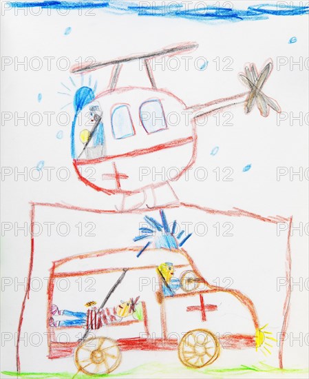 Rescue helicopter and ambulance in action, illustration