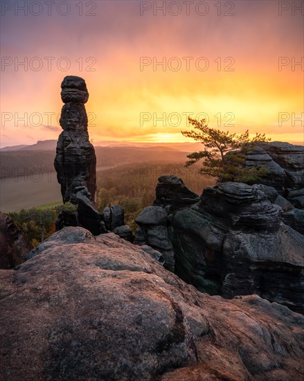 The barbarians at Pfaffenstein at sunrise, Elbe Sandstone Mountains