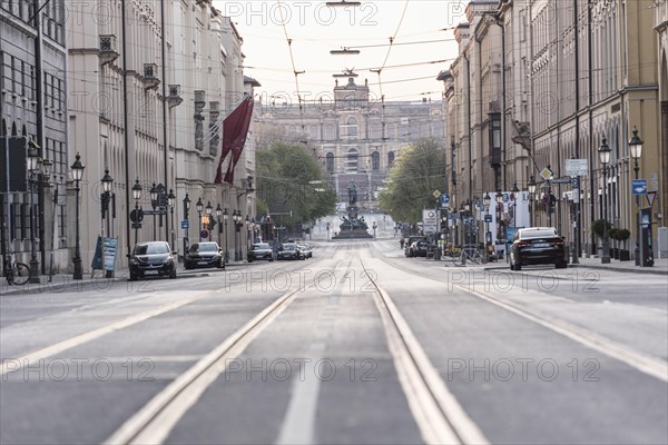 Empty Maximilianstrasse during the corona pandemic, panoramic view in direction of Maximilianeum