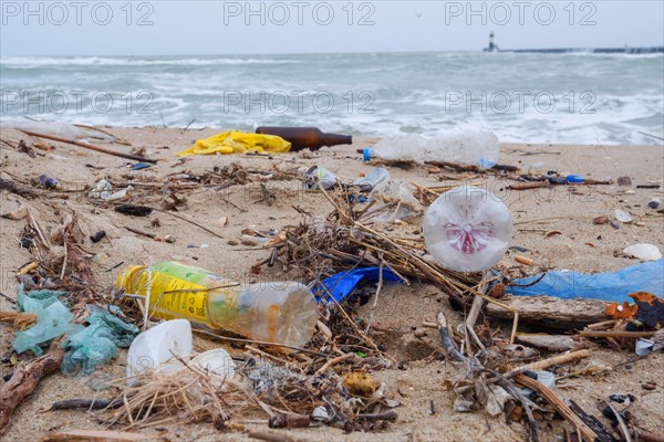 Plastic waste washed up on the beach, pollution