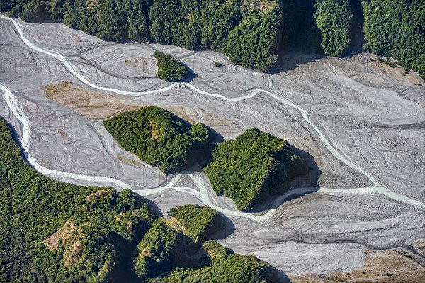 Gravel bed in the valley of the glacial Karangarua River, meander