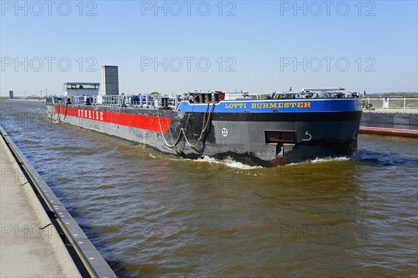 Cargo ship on the Mittellandkanal, Magdeburg waterway intersection