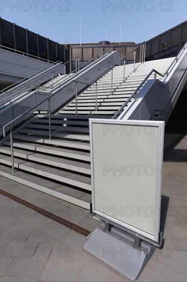 Staircase and poster stands without advertising, closed Duesseldorf exhibition centre