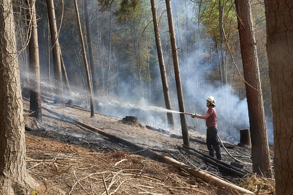 About 200 firefighters fight a forest fire in the Westerwald near Waldbreitbach. Due to the drought, a cleared area of about two hectares had caught fire. Breitscheid
