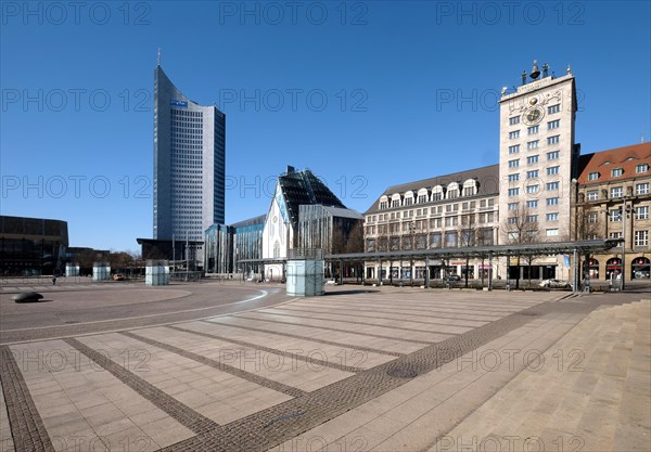 Empty Augustusplatz with City skyscraper, university and Kroch skyscraper