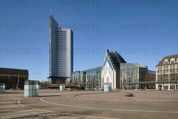 Empty Augustusplatz with City skyscraper and university, curfew due to coronavirus