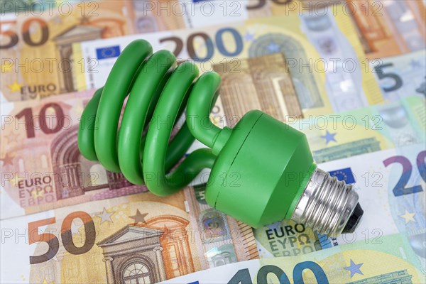 Green energy-saving lamp on euro banknotes