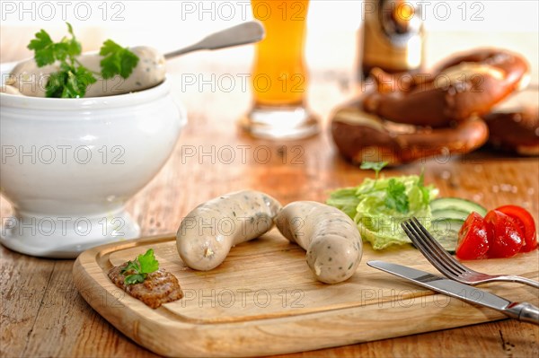 Munich Weisswurst breakfast with pretzels and wheat beer