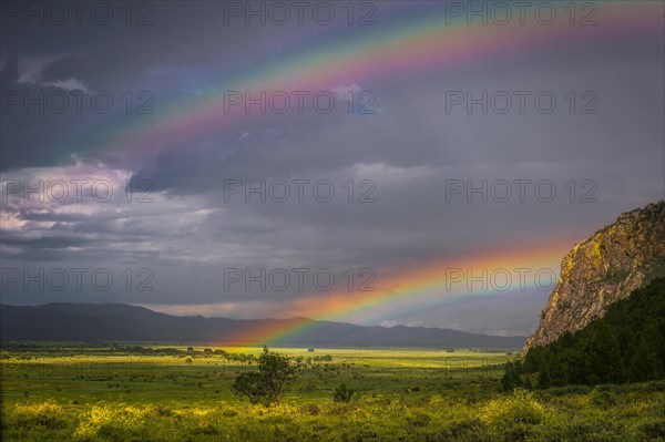 Double rainbow on the steppe after raining