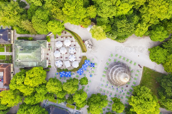 Chinese tower with beer garden from above