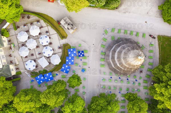 Chinese tower with beer garden from above