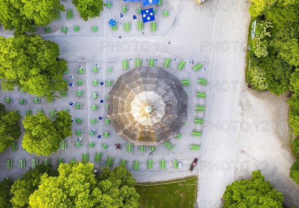 Chinese tower with beer garden from above