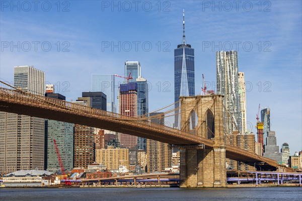 View from Main Street Park over the East River to the skyline of Lower Manhattan with Brooklyn Bridge