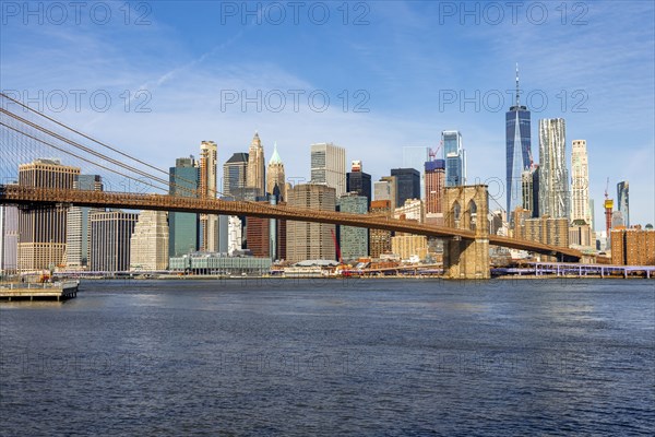 View from Main Street Park over the East River to the skyline of Lower Manhattan with Brooklyn Bridge