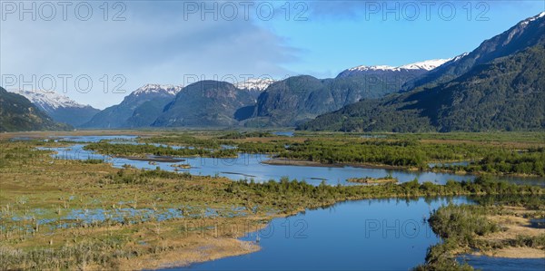 Castillo mountain range and Ibanez river wide valley viewed from the Pan-American Highway