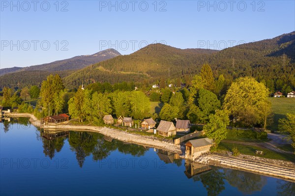 Viking village Flake at Lake Walchensee in the morning light