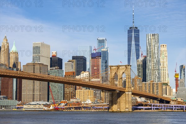 View from Main Street Park over the East River to the skyline of Lower Manhattan with Brooklyn Bridge