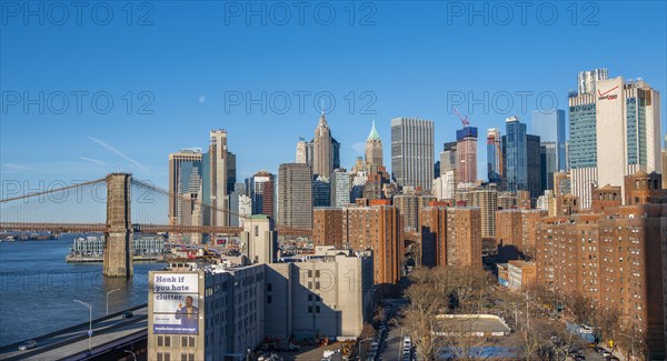 View from Manhattan Bridge to the skyline of Lower Manhattan and Brooklyn Bridge