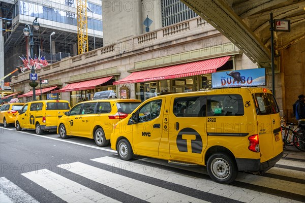 Typical yellow Taxis lined up in front of the Grand Central Station