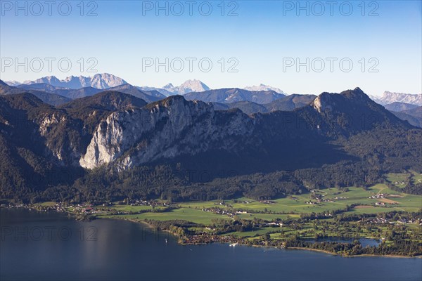 View from the observation tower Kulmspitze into the Mondseeland with dragon wall and Schober