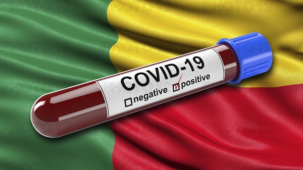 Flag of Benin waving in the wind with a positive Covid-19 blood tube