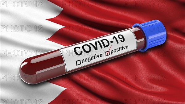 Flag of Bahrain waving in the wind with a positive Covid-19 blood tube