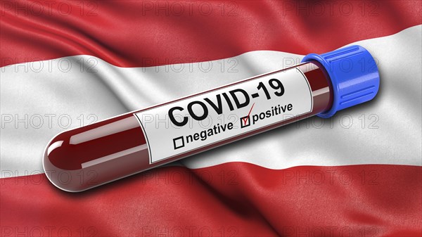 Flag of Austria waving in the wind with a positive Covid-19 blood tube