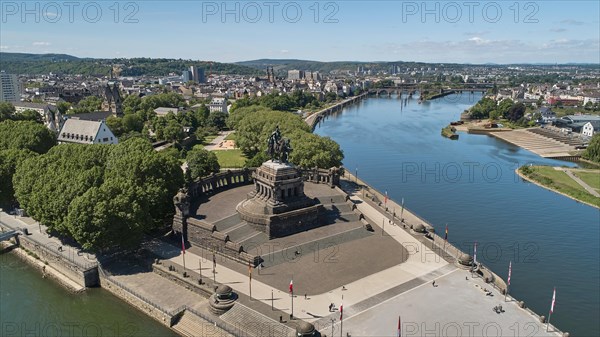 German corner with the equestrian statue of Emperor Wilhelm at the confluence of the Rhine and Moselle rivers in Koblenz