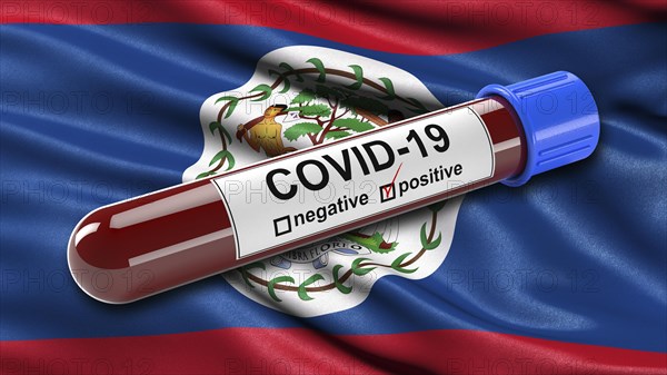 Flag of Belize waving in the wind with a positive Covid-19 blood tube