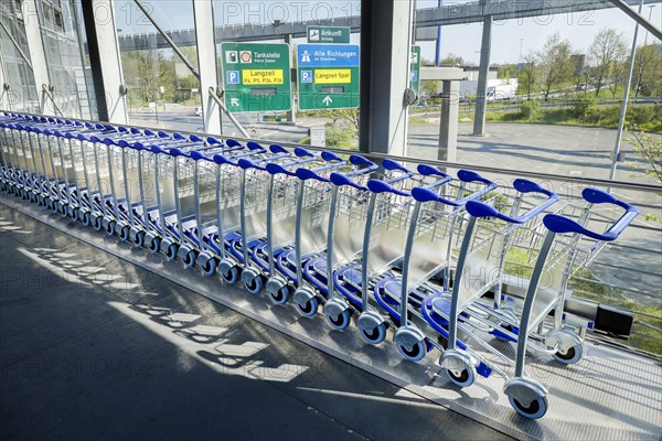 Unused baggage trolleys at Duesseldorf Airport in times of the Corona Pandemic