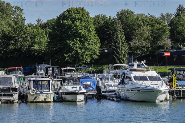Motor boats in the marina at the Henrichenburg boat lift on the Dortmund-Ems Canal