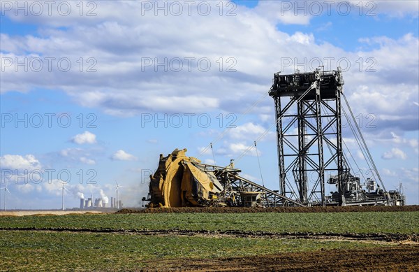 Bucket-wheel excavator wheel excavator in the RWE opencast lignite mine Garzweiler excavates at the demolition edge near Keyenberg
