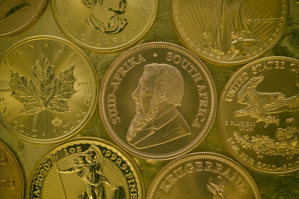 Gold coins 1 ounce gold Kruger obverse Paul Kruger between other gold coins Maple Leaf