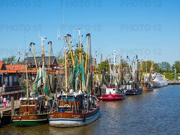 Colourful crab cutters in the fishing cutter harbour of Greetsiel