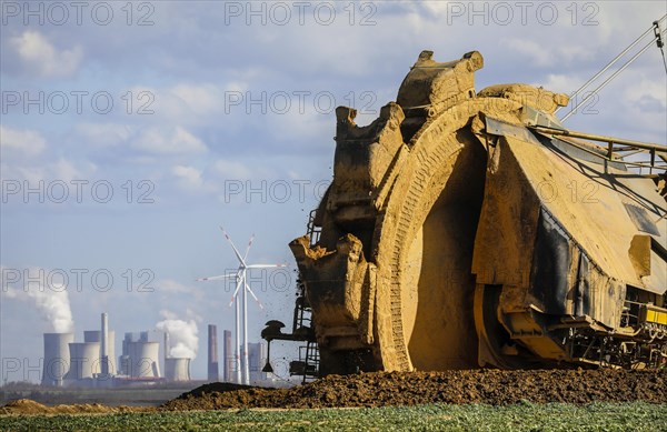 Bucket-wheel excavator wheel excavator in the RWE opencast lignite mine Garzweiler excavates at the demolition edge near Keyenberg