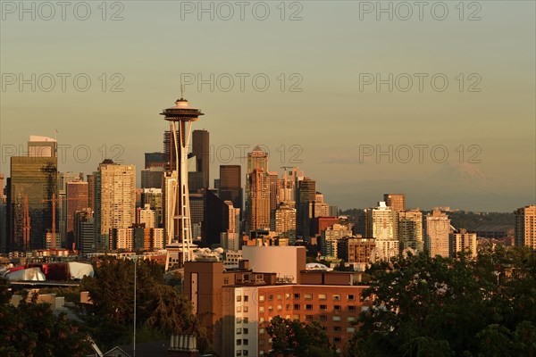 Evening shot Skyline Financial District Seattle with Space Needle