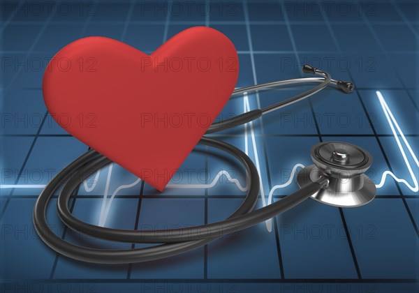 Heart and stethoscope on ECG