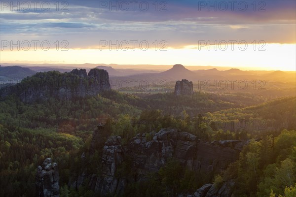 View from Carola Rock over Elbe Sandstone Mountains with Schrammsteine