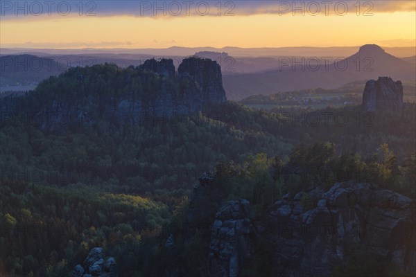 View from Carola Rock over Elbe Sandstone Mountains with Schrammsteine