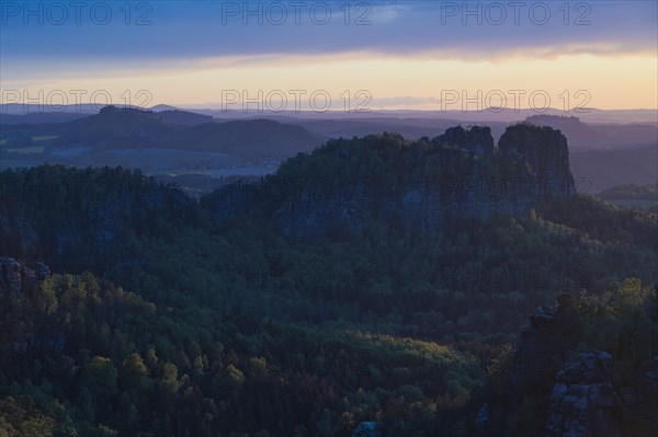 View from Carola Rock over Elbe Sandstone Mountains with Schrammsteine and Koenigstein