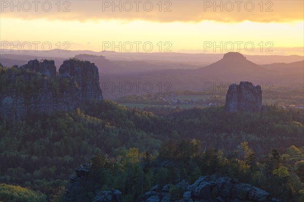 View from Carola Rock over Elbe Sandstone Mountains with Schrammsteine